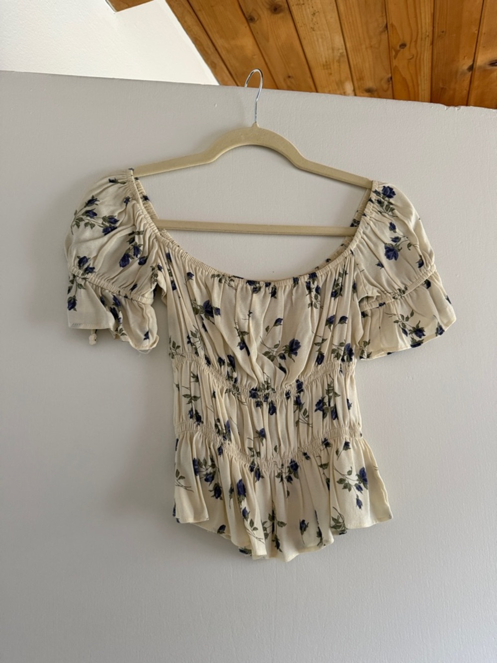 Reformation Cream Off-Shoulder Floral Smocked Top with Blue Print
